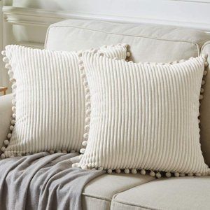 White/Cream Corduroy Luxury Velvet Pompom Bed/Sofa Throw Pillow Cover/Case Set